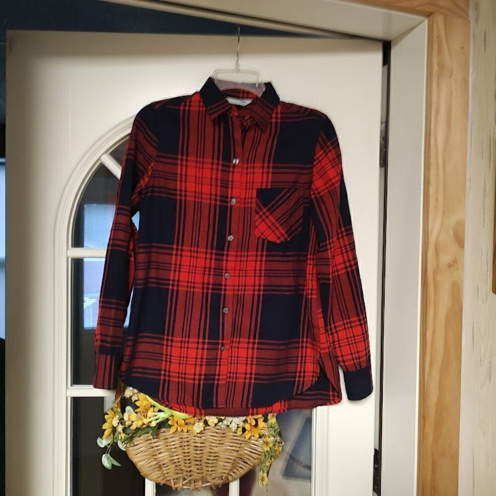 Old Navy Navy Blue Red Plaid Long Sleeve Button Down Shirt Women's XS
